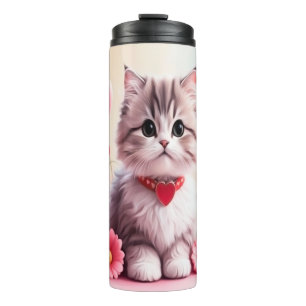 Cute kitten hearts flowers thermal tumbler