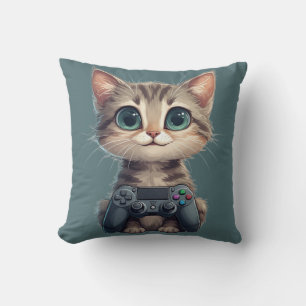 Cute Kitten Holding Game Controller Gamer Cat Cushion