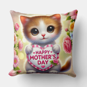 Cute Kitten Holding Mother's Day Heart Cushion