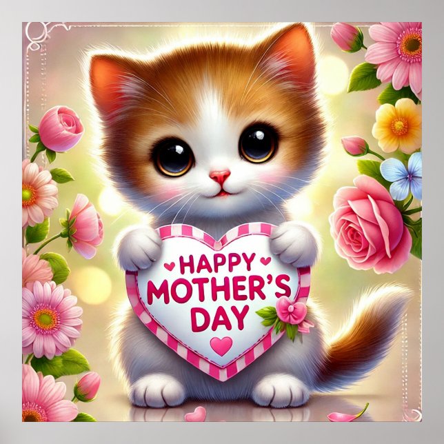 Cute Kitten Holding Mother's Day Heart Poster (Front)