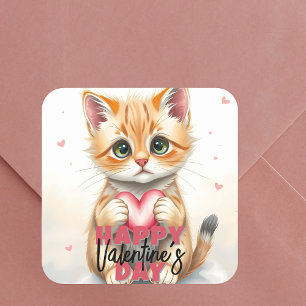 Cute Kitten Holding Pink Heart Valentine's Day Square Sticker