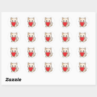 Cute Kitten Holding Red Heart - Adorable Kawaii Ca Classic Round Sticker