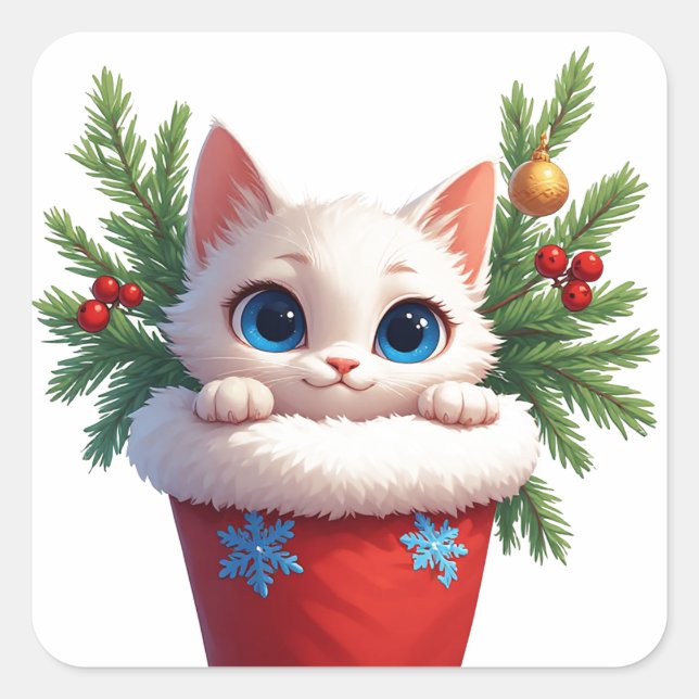❄️ Cute Kitten Holiday Stocking Peek 🐾 Square Sticker (Front)