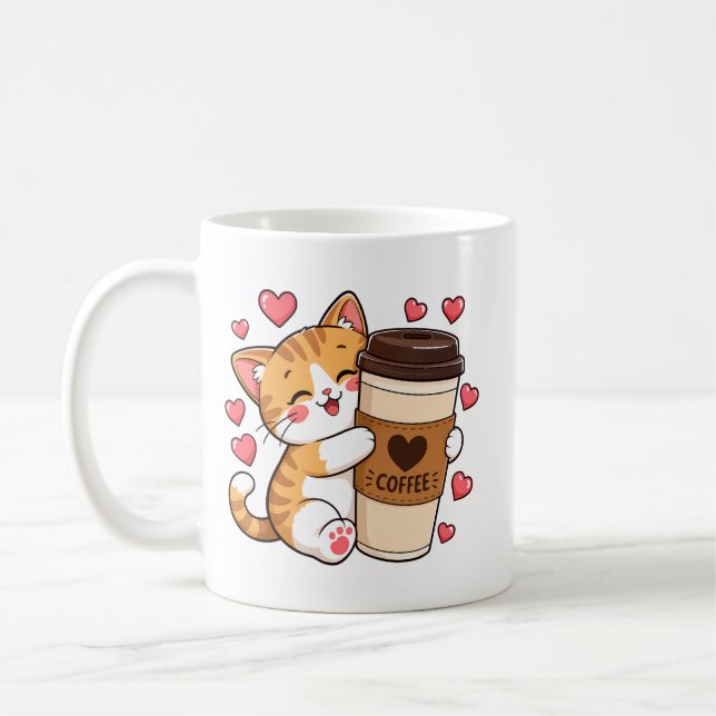 Cute Kitten Hugging Coffee Cup Mug (Left)