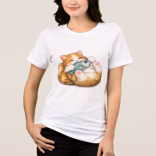 Cute Kitten Hugging Fish Watercolor Tri-Blend Shirt