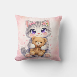 Cute Kitten Hugging Teddy Bear Square Cushion