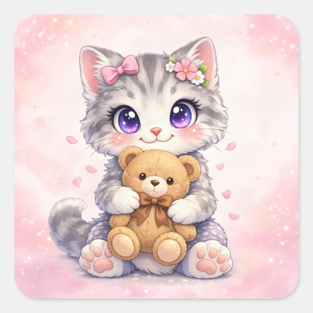 Cute Kitten Hugging Teddy Bear Square Sticker (Front)