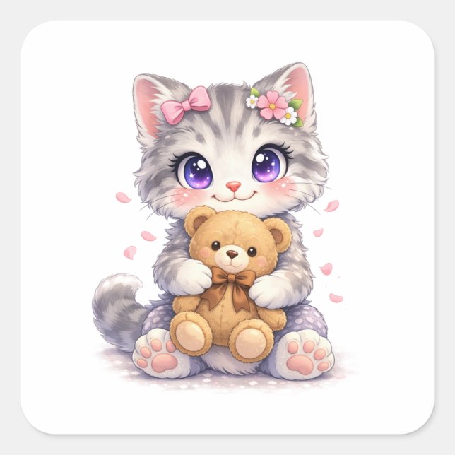 Cute Kitten Hugging Teddy Bear Square Sticker (Front)