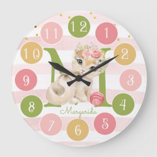 Cute Kitten Illustration Baby Girl Nursery Decor Large Clock