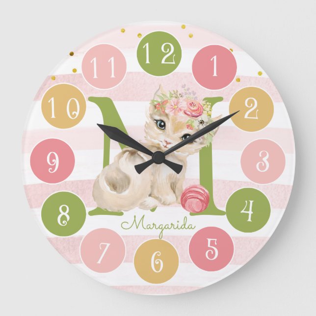 Cute Kitten Illustration Baby Girl Nursery Decor Large Clock (Front)