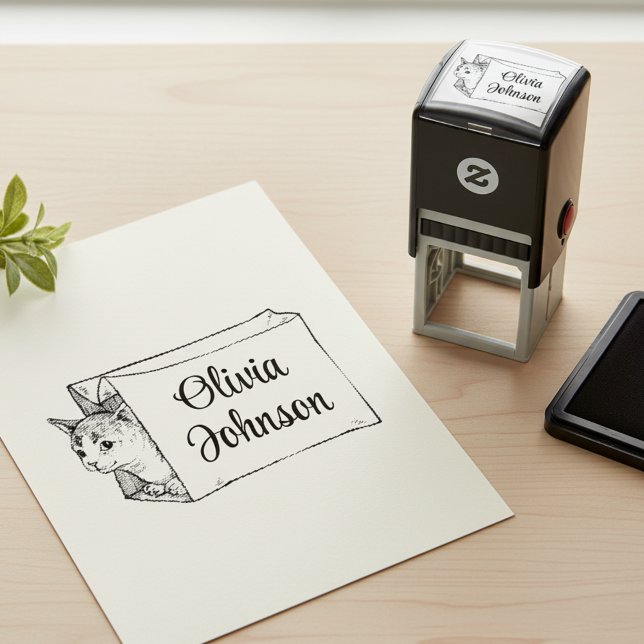 Cute Kitten in a Bag Signature Name Stamp (Lovely signature name stamp with cute kitten peeking out of a paper bag.)