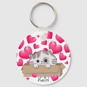 Cute kitten in a box and pink hearts key ring