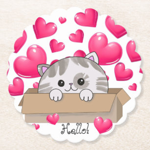 Cute kitten in a box and pink hearts paper coaster