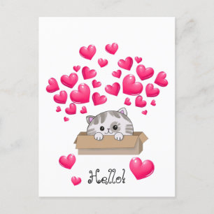 Cute kitten in a box and pink hearts postcard
