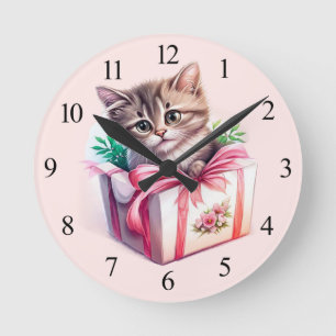 Cute Kitten in a Box Birthday Gift Round Clock