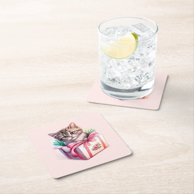 Cute Kitten in a Box Birthday Gift Square Paper Coaster (Insitu)