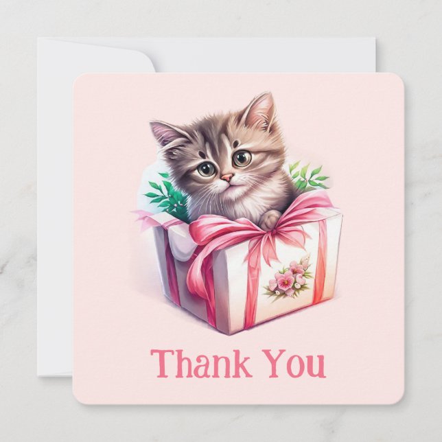 Cute Kitten in a Box Birthday Gift Thank You Card (Front)