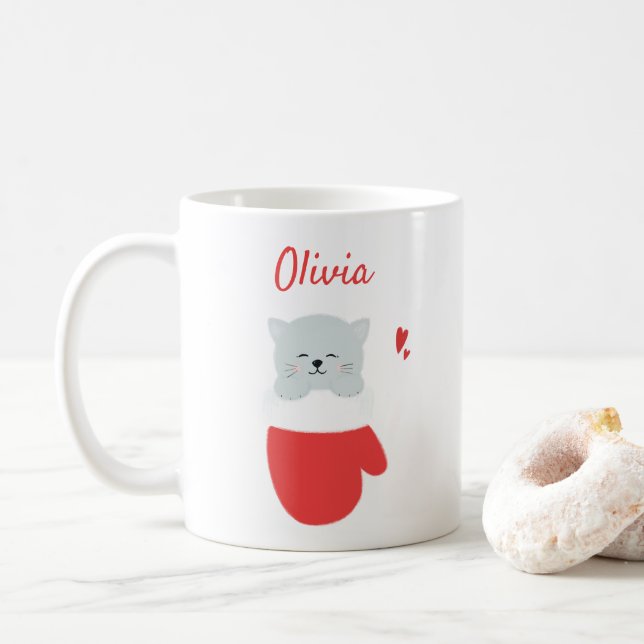 Cute Kitten in a Mitten - Custom Girls Christmas Coffee Mug (With Donut)