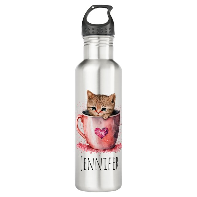 Cute Kitten in a Teacup with Hearts 710 Ml Water Bottle (Front)