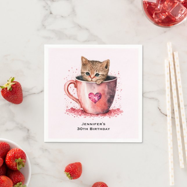 Cute Kitten in a Teacup with Hearts Birthday Napkin (Insitu)