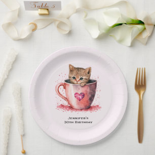 Cute Kitten in a Teacup with Hearts Birthday Paper Plate