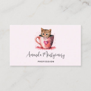 Cute Kitten in a Teacup with Hearts Business Card