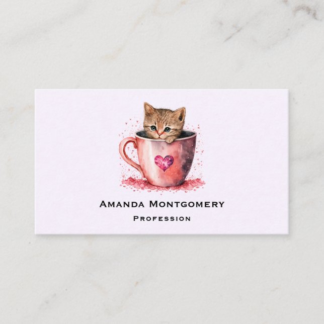 Cute Kitten in a Teacup with Hearts Business Card (Front)