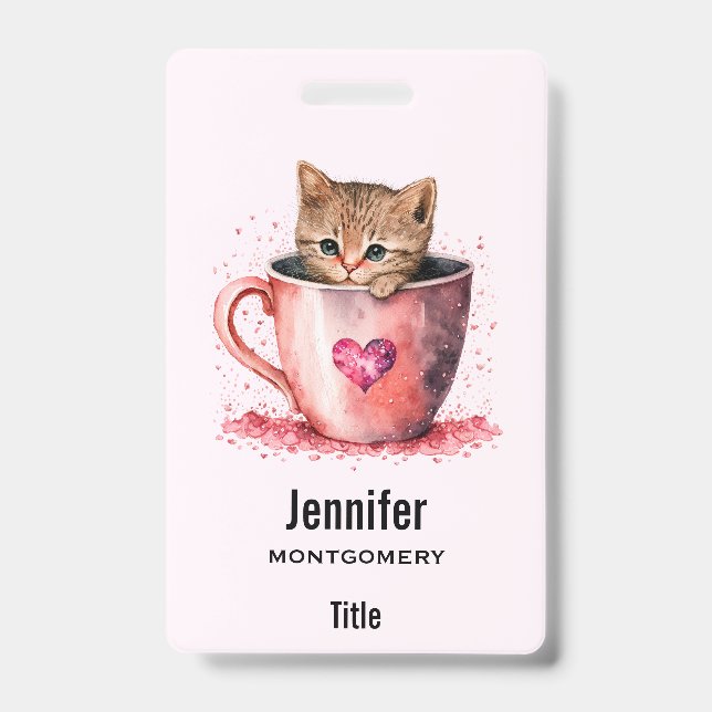 Cute Kitten in a Teacup with Hearts ID Badge (Front)