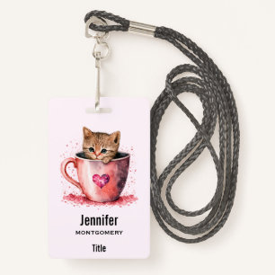 Cute Kitten in a Teacup with Hearts ID Badge