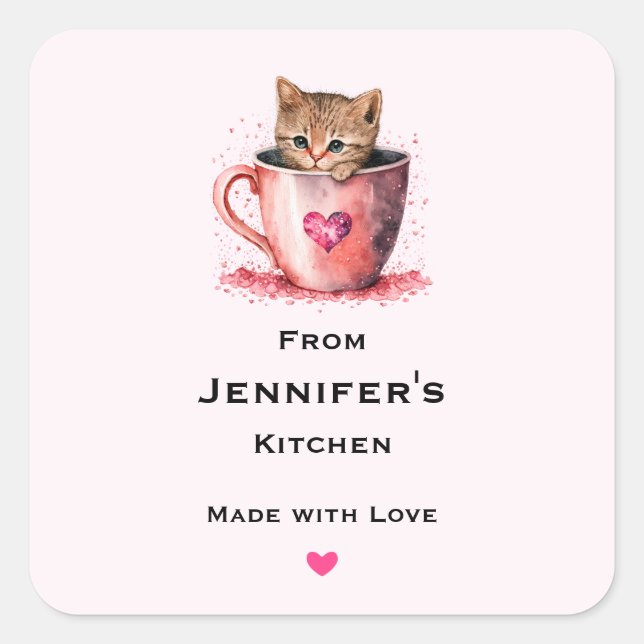 Cute Kitten in a Teacup with Hearts Kitchen Square Sticker (Front)