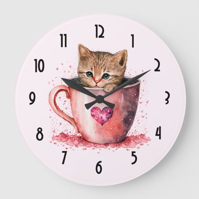 Cute Kitten in a Teacup with Hearts Large Clock (Front)