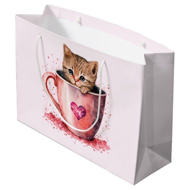 Cute Kitten in a Teacup with Hearts Large Gift Bag (Back Angled)