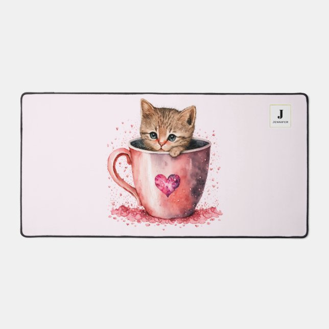 Cute Kitten in a Teacup with Hearts Monogram Desk Mat (Front)