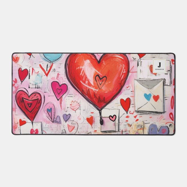 Cute Kitten in a Teacup with Hearts Monogram Desk Mat (Front)