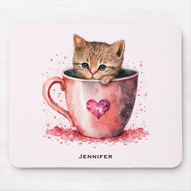 Cute Kitten in a Teacup with Hearts Mouse Mat (Front)