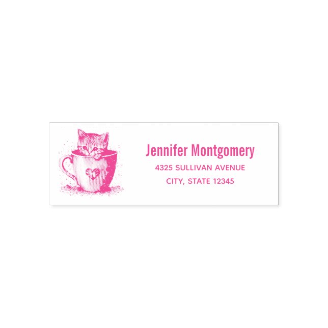 Cute Kitten in a Teacup with Hearts Name & Address Self-inking Stamp (Design)