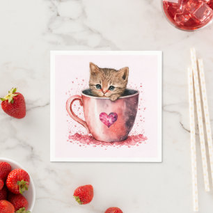 Cute Kitten in a Teacup with Hearts Napkin