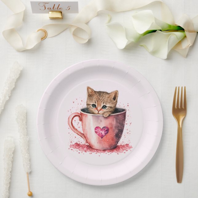 Cute Kitten in a Teacup with Hearts Paper Plate (Wedding)
