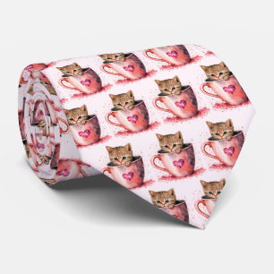 Cute Kitten in a Teacup with Hearts Pattern Tie