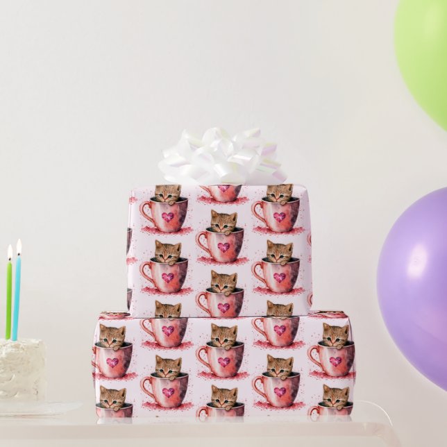 Cute Kitten in a Teacup with Hearts Pattern Wrapping Paper (Party Gifts)