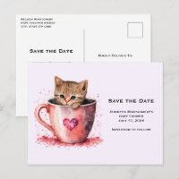 Cute Kitten in a Teacup with Hearts Save the Date