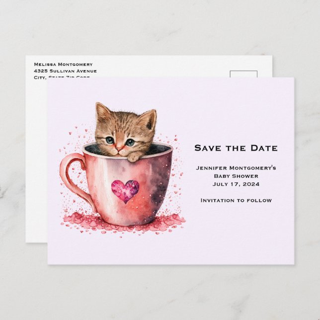 Cute Kitten in a Teacup with Hearts Save the Date Invitation Postcard (Front/Back)