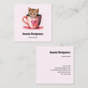 Cute Kitten in a Teacup with Hearts Square Business Card