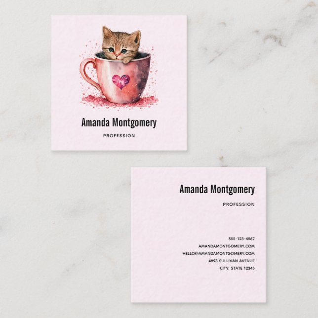 Cute Kitten in a Teacup with Hearts Square Business Card (Front/Back)