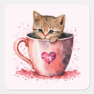 Cute Kitten in a Teacup with Hearts Square Sticker