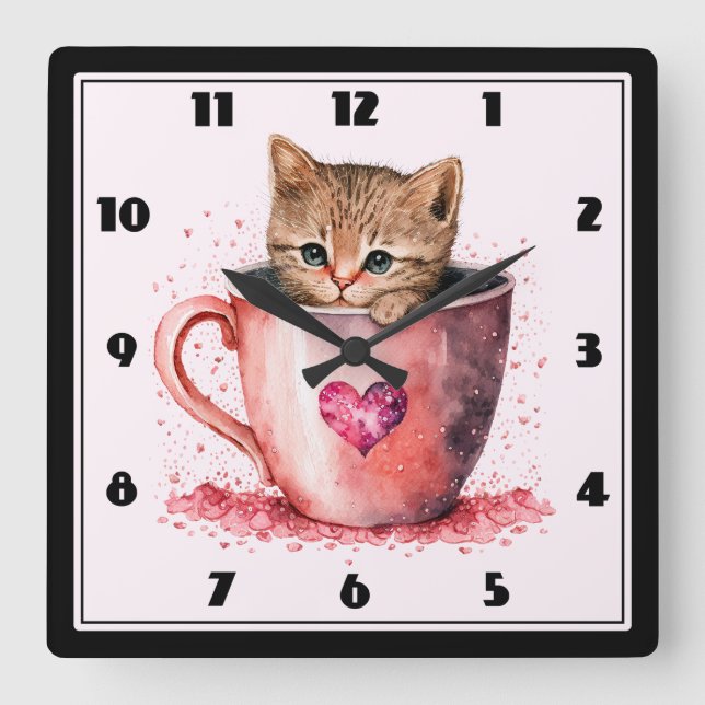 Cute Kitten in a Teacup with Hearts Square Wall Clock (Front)