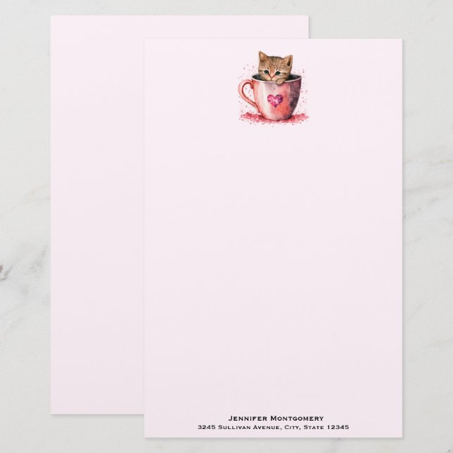 Cute Kitten in a Teacup with Hearts Stationery (Front/Back)