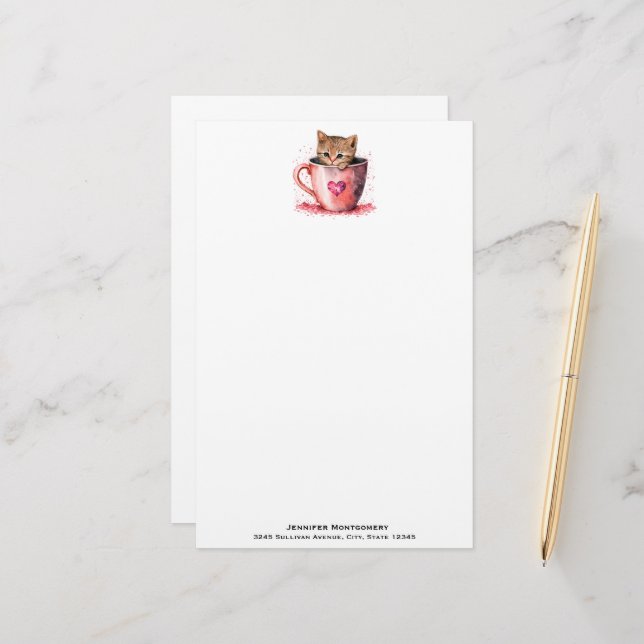 Cute Kitten in a Teacup with Hearts Stationery (Front/Back In Situ)
