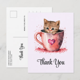 Cute Kitten in a Teacup with Hearts Thank You Postcard