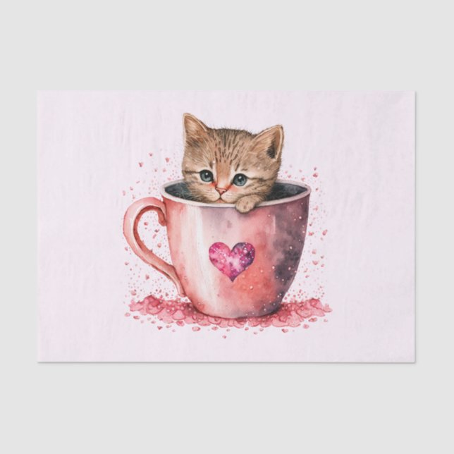 Cute Kitten in a Teacup with Hearts Tissue Paper (Front)